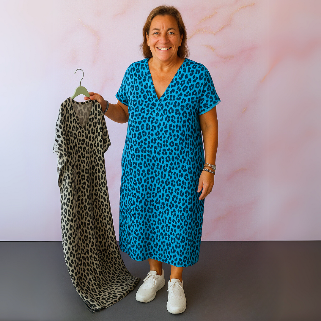 Sade | Leopardi-printti V-kaula-aukolla mekko